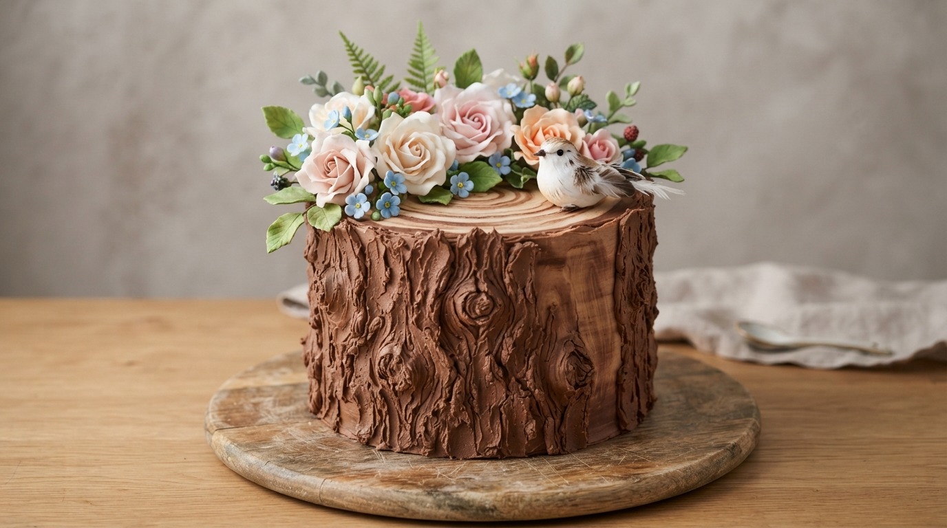 Tree stump cake decorated with realistic bark and woodland details