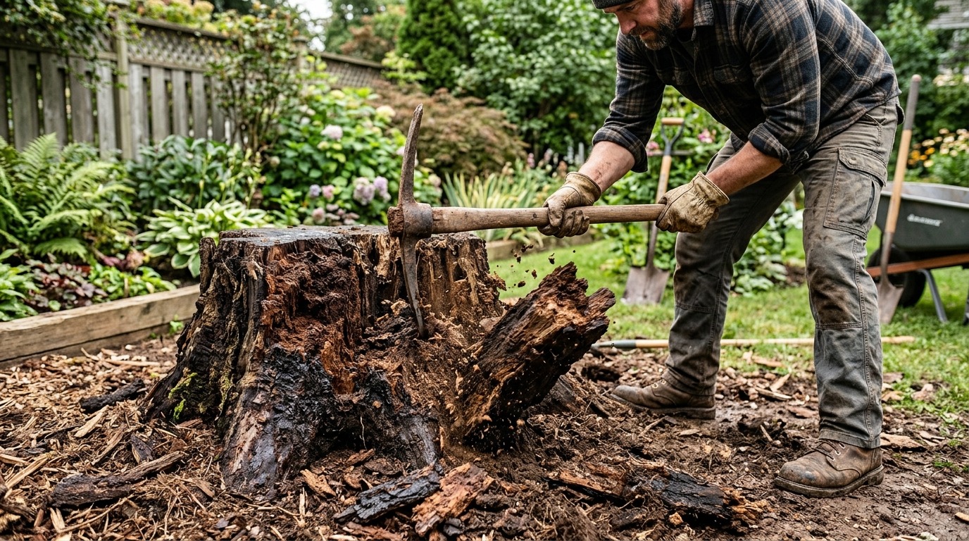 Rotting tree stump in a backyard being prepared for removal